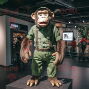 Forest Green Chimpanzee mascot costume character dressed with a Chinos and Suspenders