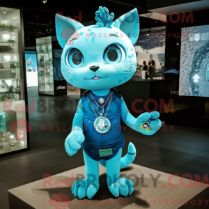 Cyan Cat mascot costume...