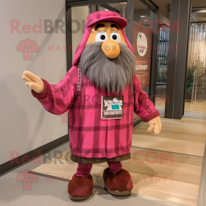 Pink Jambalaya mascot costume character dressed with a Flannel Shirt and Shawl pins