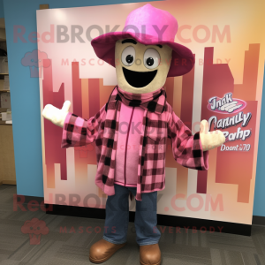 Pink Jambalaya mascot costume character dressed with a Flannel Shirt and Shawl pins