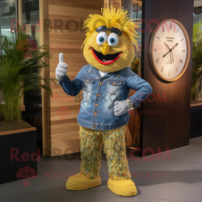 Gold Paella mascot costume character dressed with a Denim Shirt and Bracelet watches