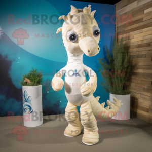 Cream Seahorse mascot costume character dressed with a Swimwear and Foot pads