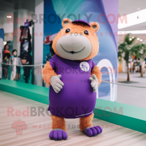 Purple Capybara mascot costume character dressed with a One-Piece Swimsuit and Shoe laces