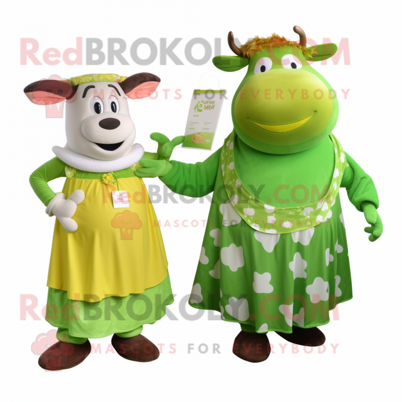 Lime Green Beef Stroganoff mascot costume character dressed with a Maxi Dress and Wallets