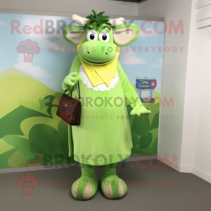 Lime Green Beef Stroganoff mascot costume character dressed with a Maxi Dress and Wallets