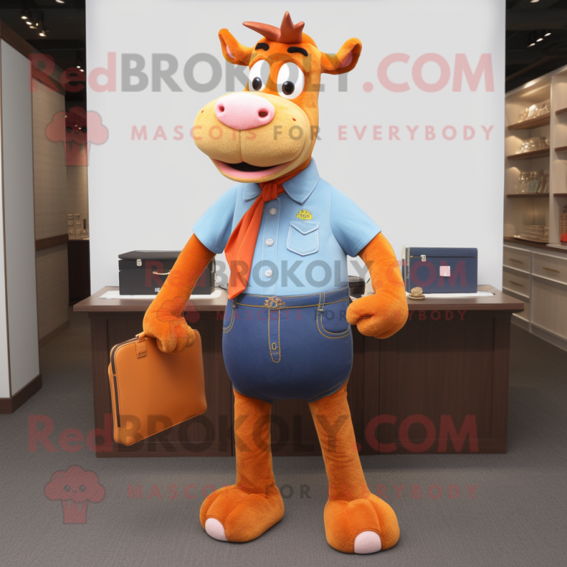 Orange Guernsey Cow mascot costume character dressed with a Denim Shorts and Briefcases