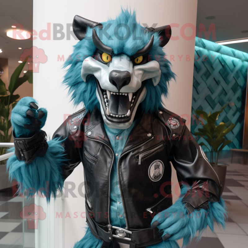 Turquoise Werewolf mascot costume character dressed with a Biker Jacket and Pocket squares