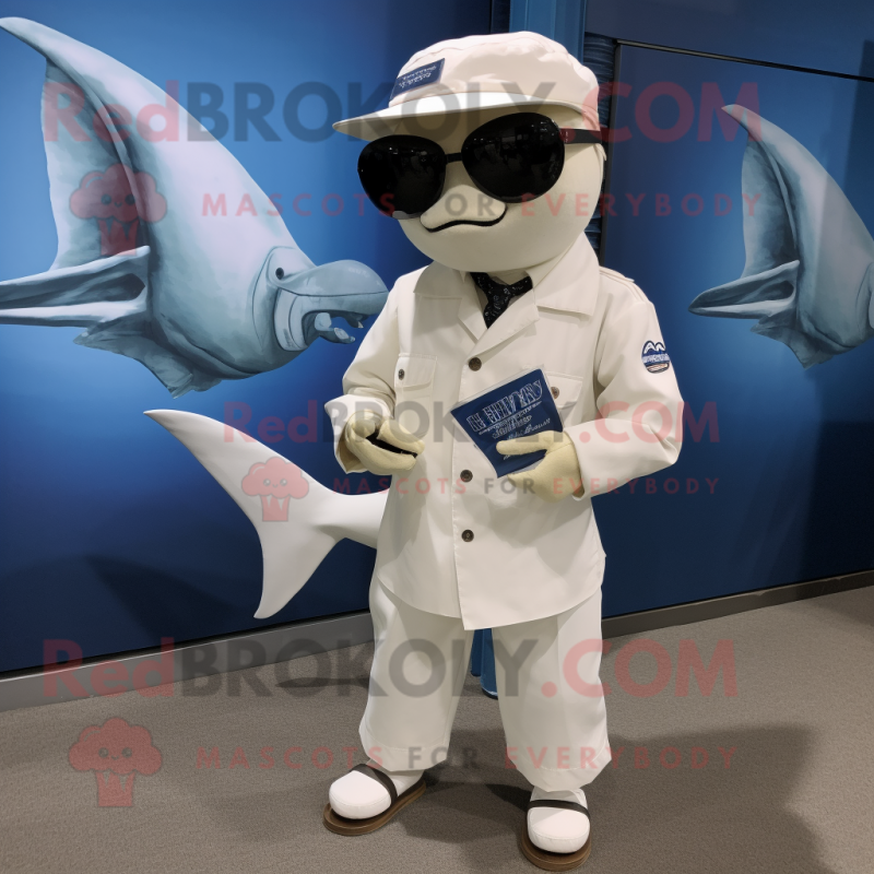 Cream Swordfish mascot costume character dressed with a Oxford Shirt and Sunglasses