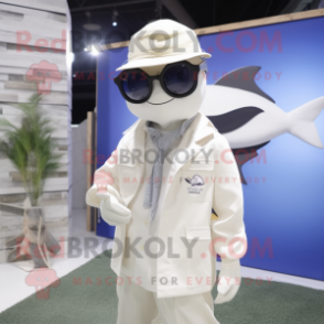 Cream Swordfish mascot costume character dressed with a Oxford Shirt and Sunglasses