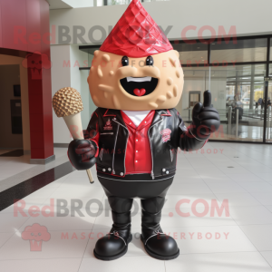 Red Ice Cream Cone mascot costume character dressed with a Leather Jacket and Ties