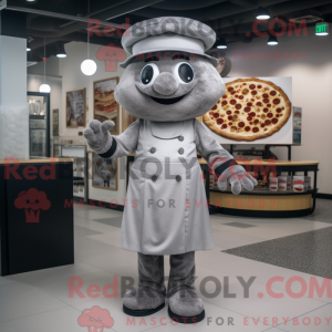 Grå pizza-maskotdraktfigur...