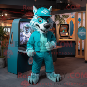 Teal Wolf maskot kostume...