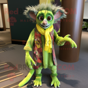 Lime Green Aye-Aye mascot costume character dressed with a Corduroy Pants and Scarf clips