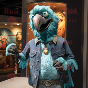 Turquoise Vulture mascot costume character dressed with a Denim Shirt and Brooches