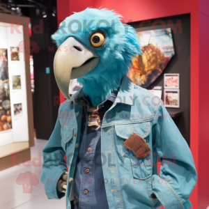 Turquoise Vulture mascot costume character dressed with a Denim Shirt and Brooches