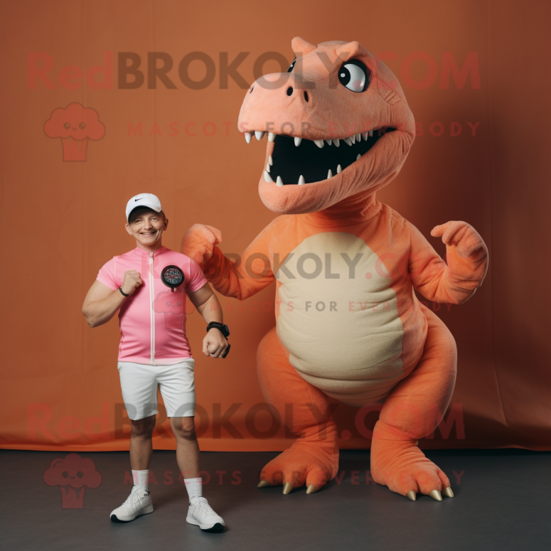 Peach T Rex mascot costume character dressed with a Tank Top and Smartwatches