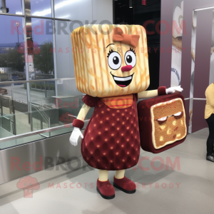 Maroon Grilled Cheese Sandwich mascot costume character dressed with a Skirt and Handbags