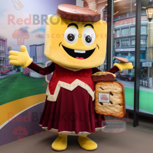 Maroon Grilled Cheese Sandwich mascot costume character dressed with a Skirt and Handbags