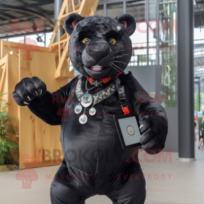 Black Leopard mascot costume character dressed with a Playsuit and Suspenders