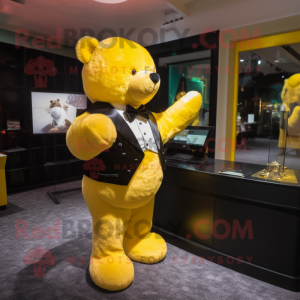 Yellow Teddy Bear mascot costume character dressed with a Tuxedo and Watches