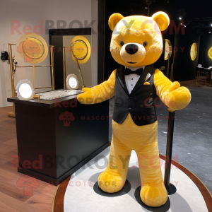 Yellow Teddy Bear mascot costume character dressed with a Tuxedo and Watches