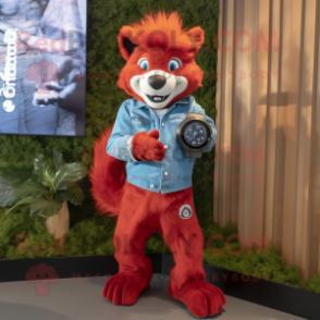 Red Skunk mascot costume character dressed with a Denim Shirt and Digital watches