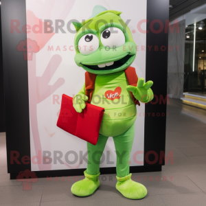 Lime Green Love Letter mascot costume character dressed with a Flare Jeans and Suspenders