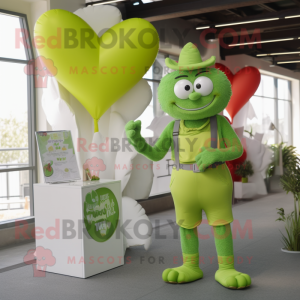 Lime Green Love Letter mascot costume character dressed with a Flare Jeans and Suspenders