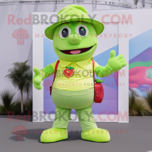 Lime Green Love Letter mascot costume character dressed with a Flare Jeans and Suspenders