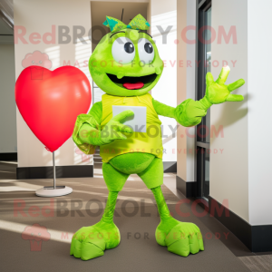 Lime Green Love Letter mascot costume character dressed with a Flare Jeans and Suspenders