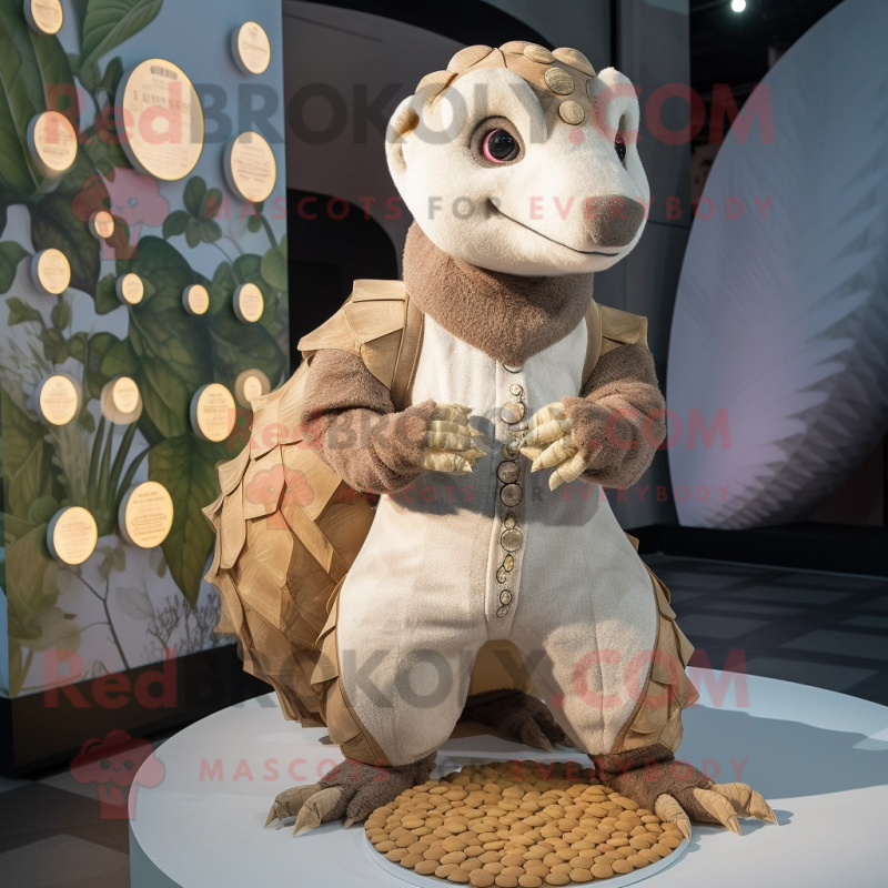 Cream Pangolin mascot costume character dressed with a Romper and Coin purses