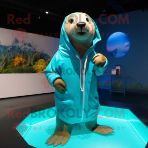 Turquoise Sea Lion mascot costume character dressed with a Windbreaker and Hairpins