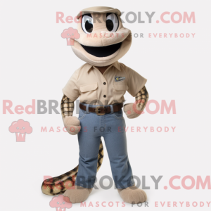 Beige Python maskot kostume...
