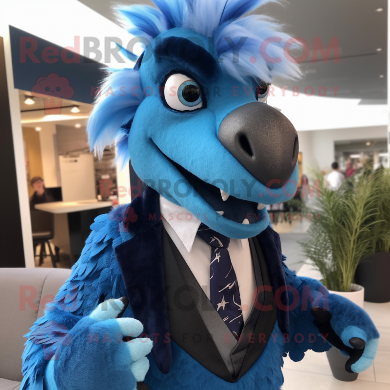 Blue Utahraptor mascot costume character dressed with a Suit and Hair clips