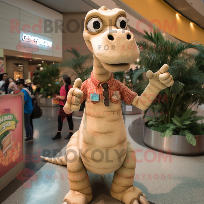 Tan Brachiosaurus mascot costume character dressed with a Button-Up Shirt and Bracelets