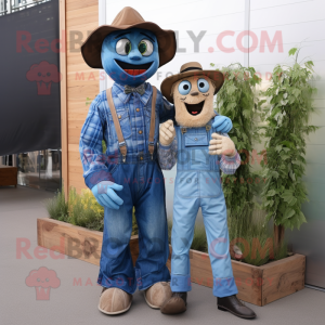 Blue Scarecrow mascot costume character dressed with a Boyfriend Jeans and Suspenders