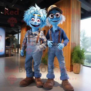 Blue Scarecrow mascot costume character dressed with a Boyfriend Jeans and Suspenders