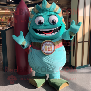 Turquoise Sushi mascot costume character dressed with a Culottes and Foot pads