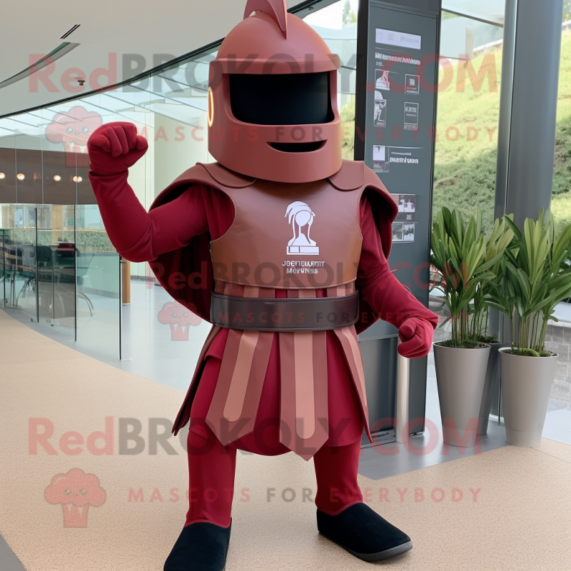 Maroon Spartan Soldier mascot costume character dressed with a Shift Dress and Hats