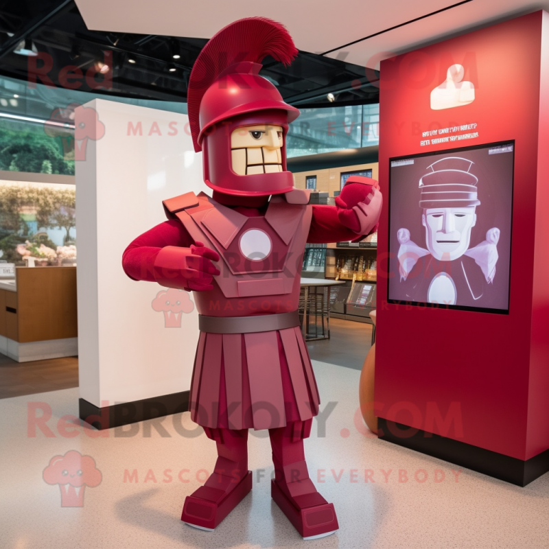 Maroon Spartan Soldier mascot costume character dressed with a Shift Dress and Hats