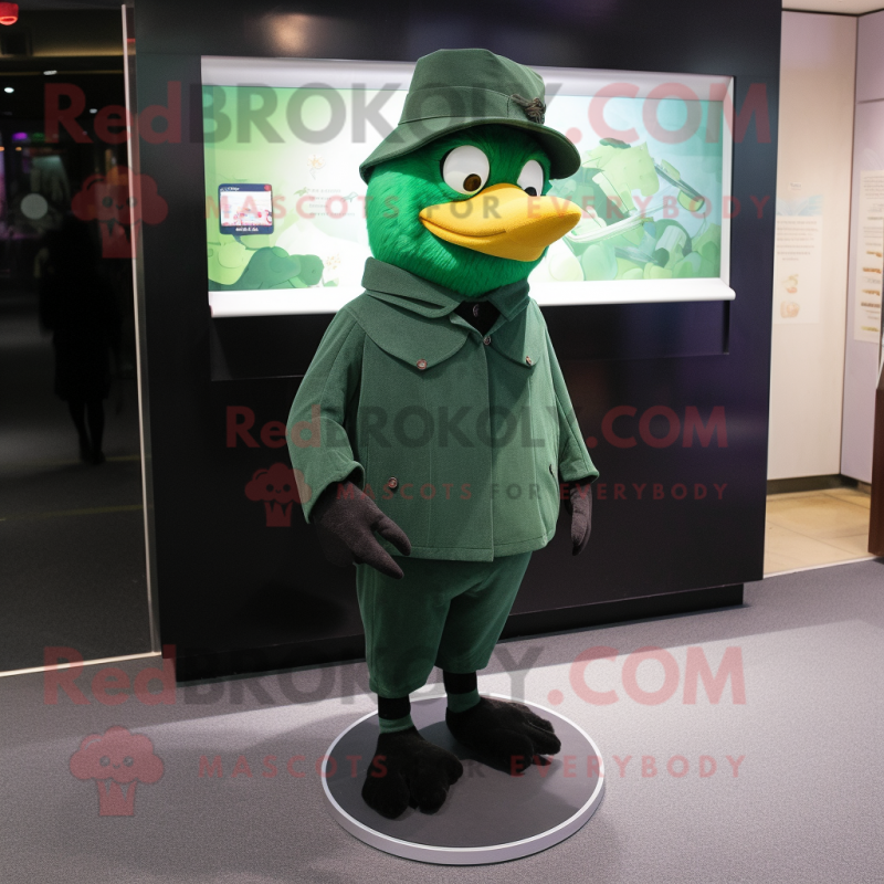 Green Blackbird mascot costume character dressed with a Turtleneck and Hat pins