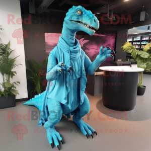 Turquoise Velociraptor mascot costume character dressed with a Maxi Dress and Foot pads