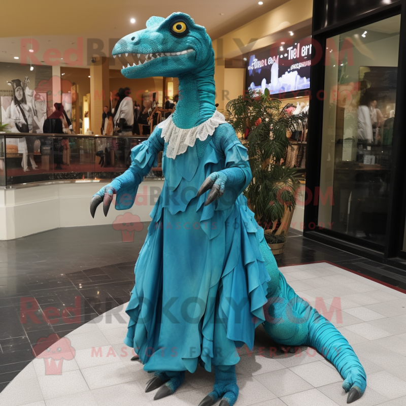 Turquoise Velociraptor mascot costume character dressed with a Maxi Dress and Foot pads Mascot Costumes Redbrokoly Sizes L 175 180CM