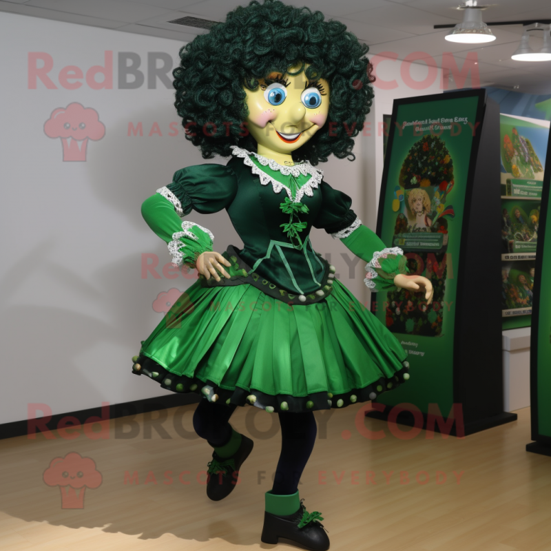 Forest Green Irish Dancing Shoes mascot costume character dressed with a Mini Skirt and Shawl pins