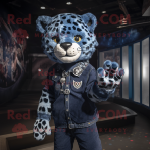 Navy Leopard mascot costume character dressed with a Boyfriend Jeans and Brooches