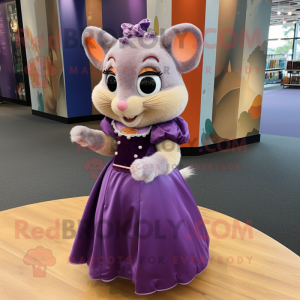 Purple Dormouse mascot costume character dressed with a Ball Gown and Tie pins