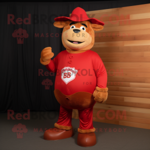 Red Beef Wellington mascot costume character dressed with a Jeggings and Hat pins