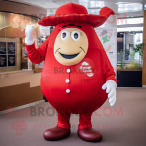 Red Beef Wellington mascot costume character dressed with a Jeggings and Hat pins