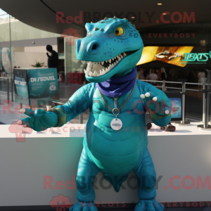 Turquoise T Rex mascot...