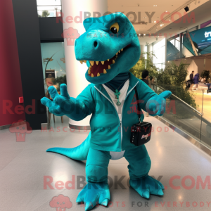 Turquoise T Rex mascot...